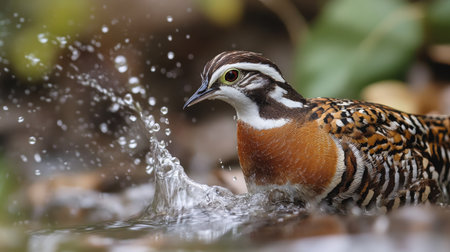 A close-up of a Northern Bobwhite drinking from a rain-filled gully in the Texas brush, its feathers ruffled slightly by the breeze.の素材