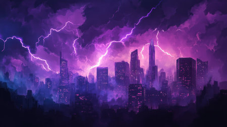 City skyline in the midst of a storm, with purple lightning bolts dramatically lighting up the night sky, highlighting the urban landscape with an intense glow.の素材