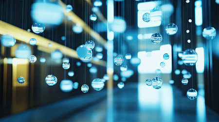 Cluster of shimmering chat bubbles drifting in a modern, well-lit room, showcasing the future of digital communication and interaction.の素材