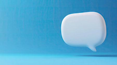 Clean 3D white speech bubble with a blue backdrop, symbolizing online chat, messaging, or customer support in a digital environment.の素材