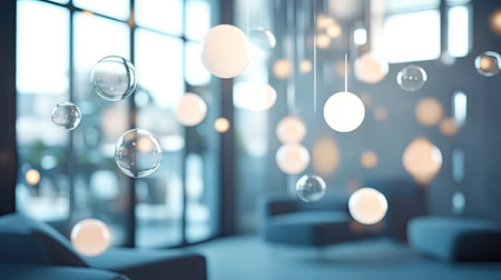 Bright and airy room with a group of luminous chat bubbles floating in mid-air, creating a sleek digital communication atmosphere.の素材