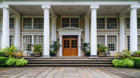 Classic colonial-style building with white columns and a grand entrance.の素材