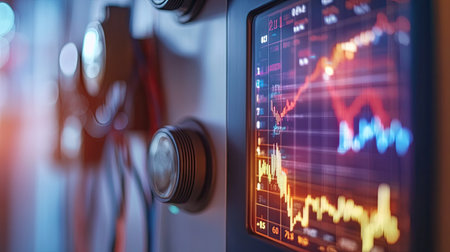 Electric meter showing high readings with a global market graph indicating rising electricity costs. Price surge in energy concept.の素材