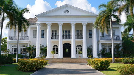Classic colonial-style building with white columns and a grand entrance. --ar 16:9 --v 6.1 Job ID: 28912805-b48c-4919-a9af-ebf9aafba5c6の素材
