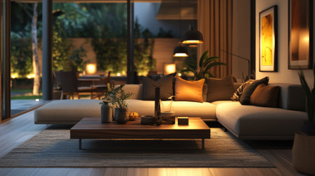 Cozy living room with a modern sofa, wooden coffee table, and softly glowing lamps casting a warm ambiance in the evening.の素材