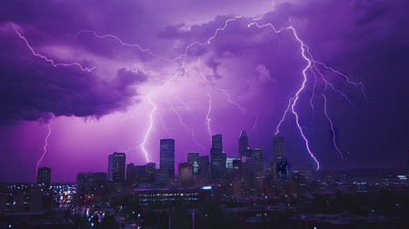 City illuminated by purple lightning during a severe thunderstorm, with lightning bolts arching across the skyline, showcasing the power of the storm.の素材