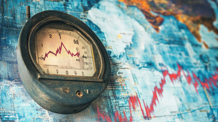 Electric meter with a steep upward trendline, set against a backdrop of a global map, representing the rise in electricity pricesの素材