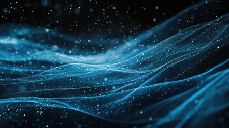 Dynamic horizontal blue particle lines undulating in a 3D space against a black backdrop, representing modern communication technology and digital interfaces.の素材