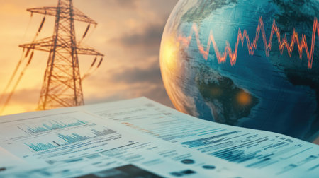 Electricity bill and a globe with a rising graph overlay, representing the global increase in energy costs.の素材