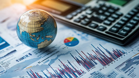 Electricity bill with increasing prices, global market symbols in the background. Rising energy costs concept with financial implications.の素材