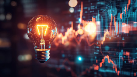 Electricity price increase shown on a graph with global market symbols and a glowing light bulb. Worldwide energy cost rise. -の素材
