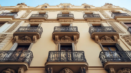 Elegant apartment building with ornate balconies and wrought iron details.の素材