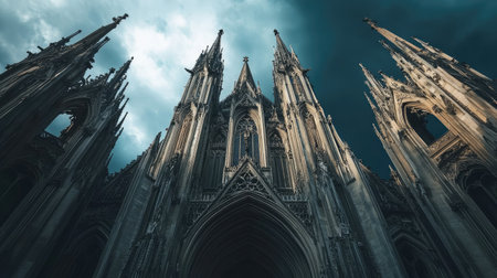 Gothic cathedral with towering spires and intricate stone carvings against a cloudy sky.の素材