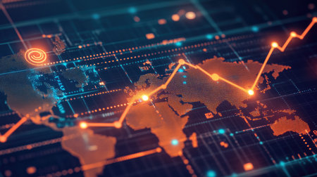 Global energy icons over a world map with an upward arrow, highlighting the increase in electricity costs across markets.の素材