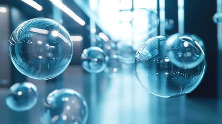 Group of shiny, transparent chat bubbles floating in a modern room, creating a futuristic communication scene. Ideal for tech and digital messaging visuals.の素材