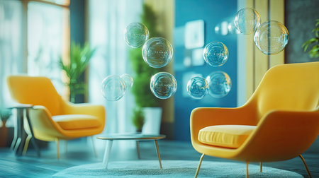 Floating, translucent chat bubbles in a stylish room setting, enhancing the concept of digital conversation and modern technology.の素材
