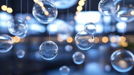 Group of shiny, transparent chat bubbles floating in a modern room, creating a futuristic communication scene. Ideal for tech and digital messaging visuals.の素材