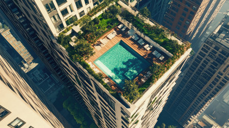 High-rise residential building with a swimming pool and rooftop garden.の素材