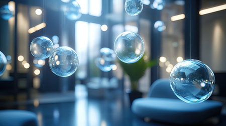 Group of bright, gleaming chat bubbles suspended in an elegant room, creating a high-tech ambiance for digital communication and interaction.の素材