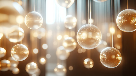 Group of bright, gleaming chat bubbles suspended in an elegant room, creating a high-tech ambiance for digital communication and interaction.の素材