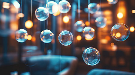 Group of bright, gleaming chat bubbles suspended in an elegant room, creating a high-tech ambiance for digital communication and interaction.の素材