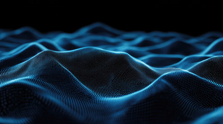 Horizontal lines of blue particles undulating across a black background, creating an abstract digital interface. Perfect for tech and communication visuals.の素材