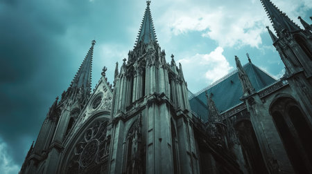 Gothic cathedral with towering spires and intricate stone carvings against a cloudy sky.の素材
