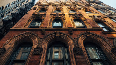 Historic brick building with arched windows and ornate architectural details, standing tall on a city street.の素材