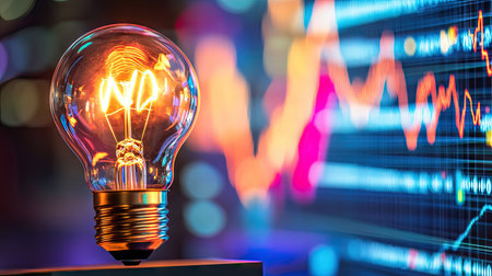 Light bulb on a financial chart rising towards the sky, symbolizing the surge in global electricity prices and economic impact.の素材