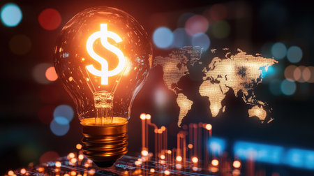 Light bulb with a dollar sign, surrounded by a rising graph and world map, symbolizing the increase in global electricity prices.の素材