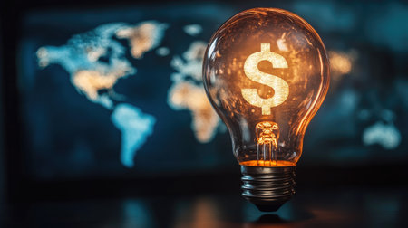 Light bulb with a dollar sign inside, rising electricity costs concept, global market impact depicted with world map in the backgroundの素材