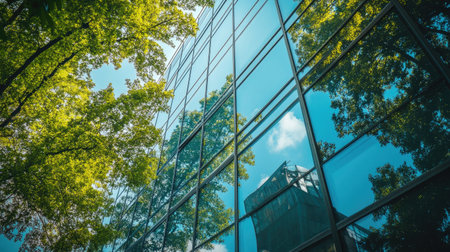 Modern glass building reflecting nearby trees and sky, blending architecture with nature.の素材