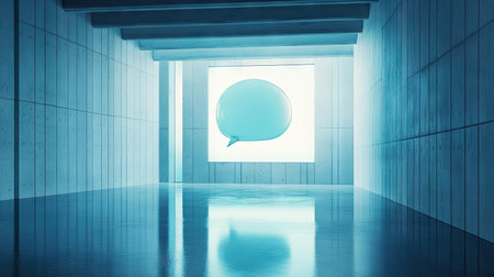 Luminous chat bubbles floating in a spacious, modern room, casting reflections and creating a futuristic digital communication scene.の素材