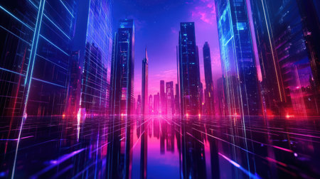 Modern urban architecture and cityscape bathed in neon light effects, creating a futuristic, hi-tech atmosphere. Ideal for science and technology themes.の素材