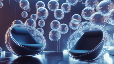 Modern room with a group of glossy, floating chat bubbles, reflecting a cutting-edge approach to digital communication and technology.の素材