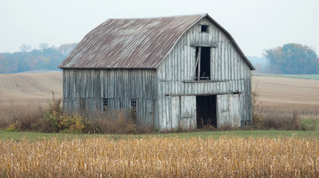 Old, weathered barn in a rural setting, surrounded by open fields.の素材