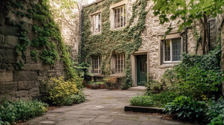 Old stone building with ivy creeping up the walls and a courtyard garden.の素材