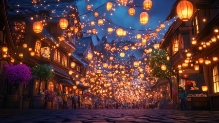 A festival street illuminated by rows of glowing lanterns, with crowds enjoying games, food, and cultural performances.の素材