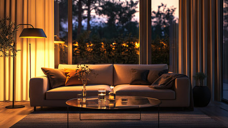 Evening setting in a modern living room with a comfortable sofa, glass-topped table, and glowing floor lamps casting a soft light.の素材