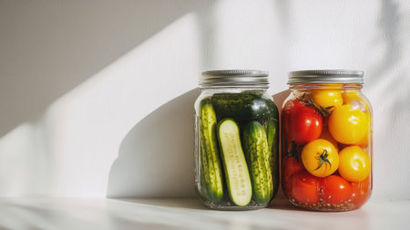 A clean, minimalistic shot of two glass jars, one with cucumbers and the other with tomatoes, placed on a white surface to highlight the bright preserved produce.の素材