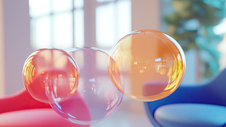 Elegant group of floating, glossy chat bubbles in a bright, minimalist room setting. Ideal for illustrating modern communication and tech concepts.の素材