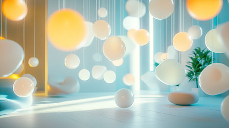 Group of radiant chat bubbles suspended in a bright, contemporary room, adding a futuristic flair to digital communication visuals. -の素材