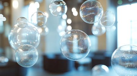Group of shiny, transparent chat bubbles floating in a modern room, creating a futuristic communication scene. Ideal for tech and digital messaging visuals.の素材