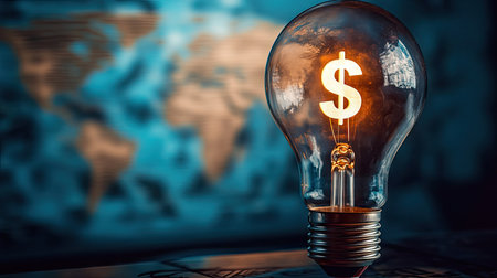 Light bulb with a dollar sign inside, rising electricity costs concept, global market impact depicted with world map in the backgroundの素材