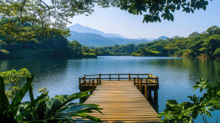 A charming wooden dock extending into a calm lake, framed by lush greenery and distant mountain peaks under a clear sky.の素材