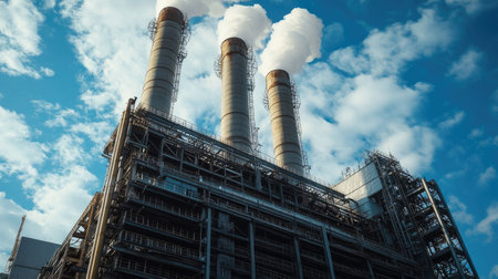 Industrial factory building with large chimneys and steel framework.の素材