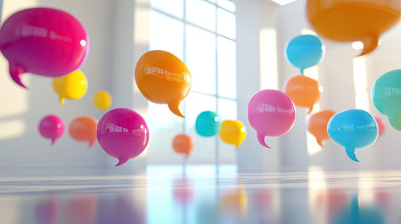 Elegant group of floating, glossy chat bubbles in a bright, minimalist room setting. Ideal for illustrating modern communication and tech concepts.の素材