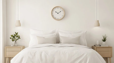 Sophisticated bedroom design with a neatly arranged bed, cozy pillows, modern bedside tables, and a simple clock on a white wall.の素材