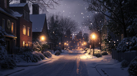 Quiet street at night blanketed in fresh snow, with soft streetlights casting a warm glow on the icy pavement.の素材