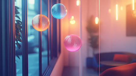 Shiny, floating chat bubbles in a sleek room environment, reflecting a clean and high-tech approach to digital interaction and messaging.の素材